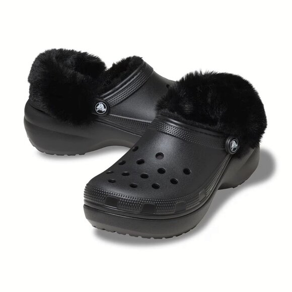 NEW CROCS Sizes 6 - 10 Women's Classic Platform Fuzz Lined Clog - Black - Picture 2 of 7